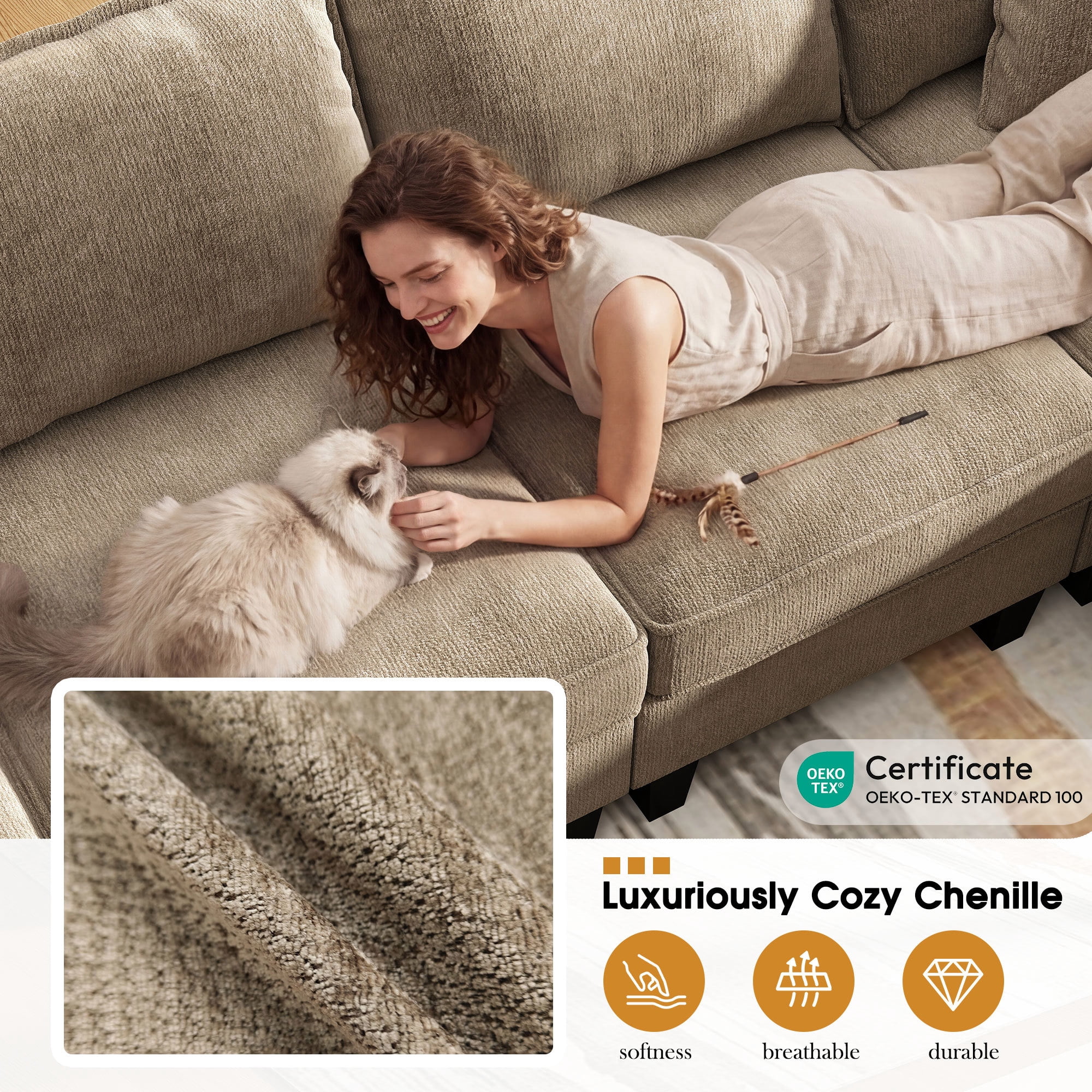 BedLuxury 84” Modular Sectional Sofa with Moveable Storage Ottoman, Cloud Couch Seats 4, Modern Living Room Furniture, Chenille Brown