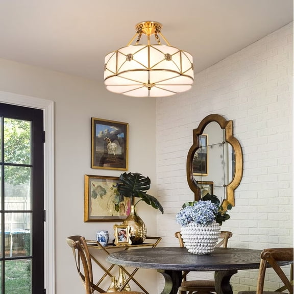 KPIBEST 17 inch 4 light semi-recessed ceiling lamp, study bohemian style drum glass lampshade