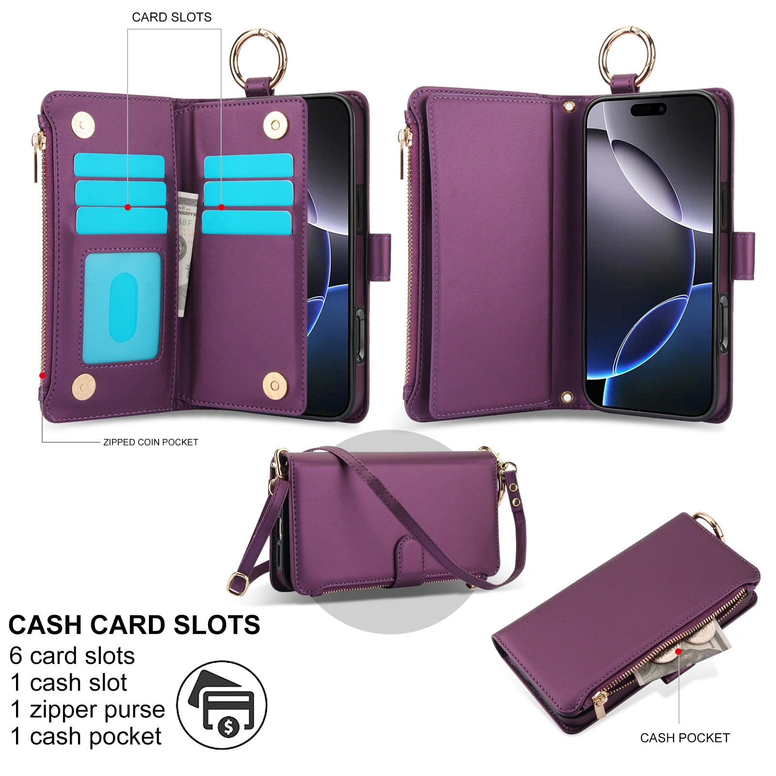 ELEHOLD For iPhone 13 Pro Max Phone Case Leather Crossbody Zipper Card Wallet Flip Case Kickstand Cover, with Ring Holder,Full Body Protection-Deeppurple