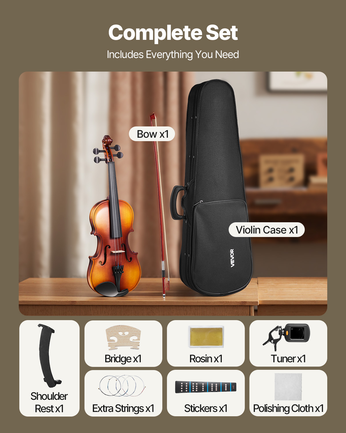 VEVOR Violin 3/4 Size for Adults, Violin Fiddle Set for Beginners with Hard Case, Rosin, Bow, Shoulder Rest, Bridge, Tuner and Extra Strings, Professional Musical Instruments for Student (Brown)
