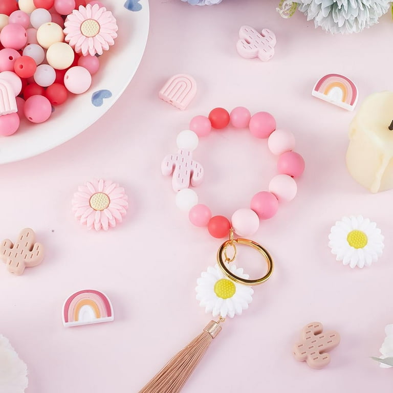 Box 100+PCS 14mm Pink Silicone Beads with String Flower Focal