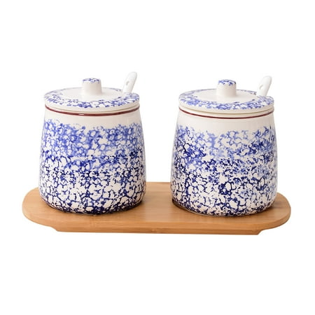 

Blue Flower Pattern Sugar Bowl With Lid And Spoon 430ml(15oz)ceramic Sugar Storage Jar Porcelain Sugar Pot For Coffee Bar Restaurant Home-Blue2-2 set