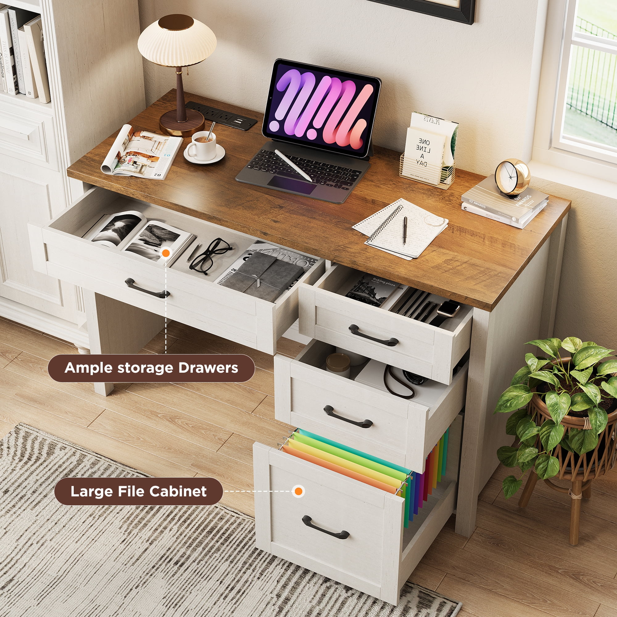 Conate 47" Executive Desk with File Cabinet and Drawers, Home Office Desk with Charging Station and Large Drawer, Workstation Table for Study