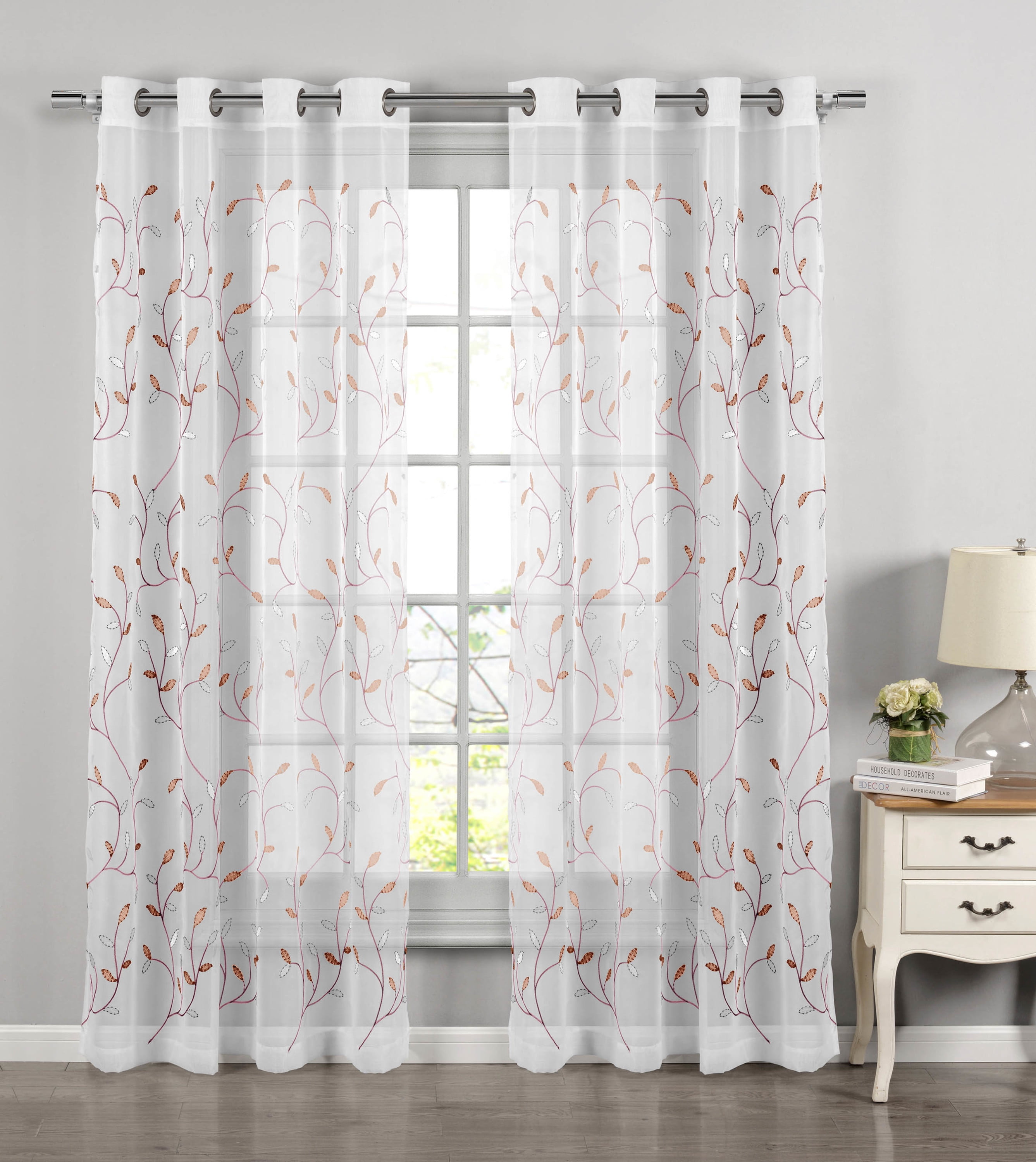 Grommet Curtain Panel, Embroidered Sheer Extra-Wide, Pink 54" x 84"