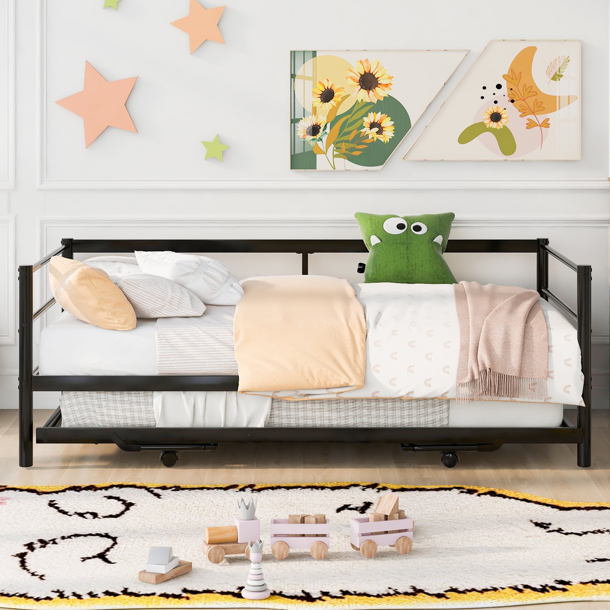 Gewnee Modern Metal Daybed with Adjustable Trundle, Twin Size Frame, Black