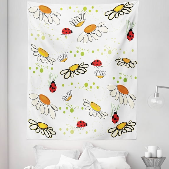 Daisy Tapestry, Chamomile Field and Lady Bird Romantic Spring Lovers Cartoonish Drawn, Fabric Wall Hanging Decor for Bedroom Living Room Dorm, 5 Sizes, Apple Green and Multicolor, by Ambesonne