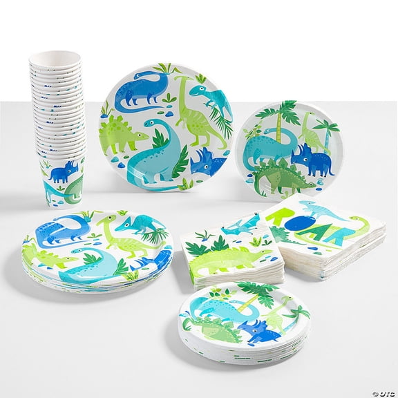 136 Pieces Blue & Green Dinosaur Party Tableware Kit for 24 Guests