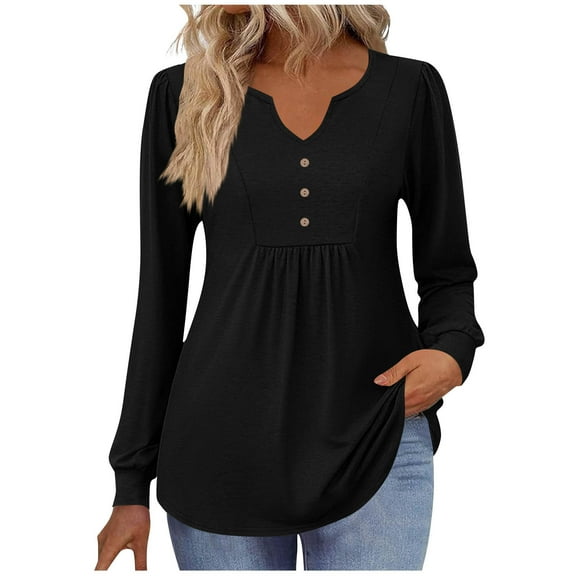 safuny Womens Long Sleeve Tops Fall Fashion Solid Color Shirts Casual Pleated Tunic V-neck Button Down Blouses Black _r L