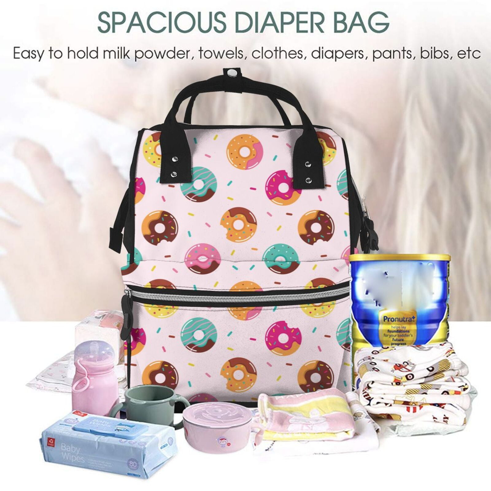 Ratiio Colorful Donuts Mummy Backpack - Waterproof Twill Canvas, Large Capacity Diaper Bag with Multiple Pockets and Adjustable Straps