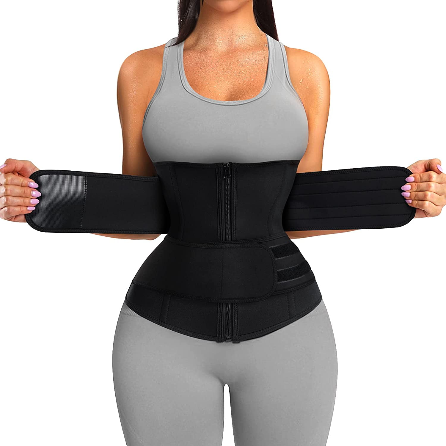 X-Large Waist Trainer for Women Zipper Corset Fat Burning Double Training Band Tummy Slimming Sweat Workout Trimmer Belt-Black 