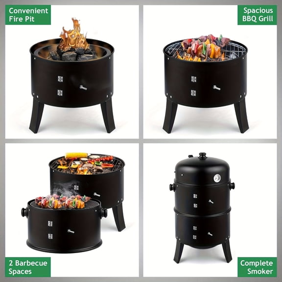 Heavy-Duty 3-in-1 Charcoal Smoker Grill & Fire Pit with Thermometer, Adjustable Height, Powder-Coated Steel for Outdoor BBQ, Camping, Backyard