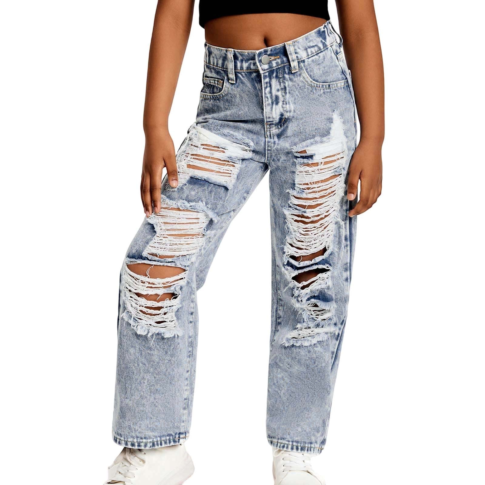 Wdgfv Girls Distressed Wide Leg Jeans Snow Wash Casual Denim Pants Comfortable Loose Fit Trousers For Teen Everyday Wear Age 6-13 Years Light Blue 8-9 Years