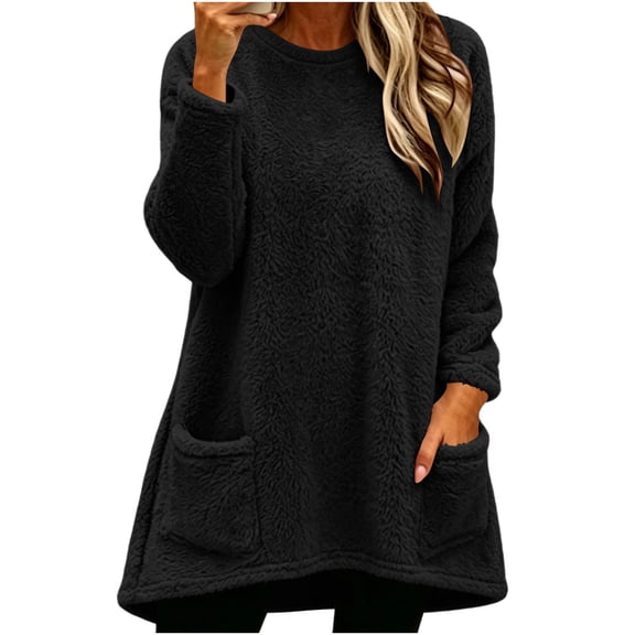 Hurxie Women's Winter Warm Sherpa Lined Fleece Crewneck Sweatshirt Pullover Loungewear Tunic Tops with Pockets