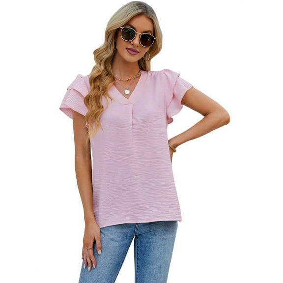 Womens Dressy Casual Shirts Short Sleeve V Neck Work Blouse Business Casual Summer Tops 2025 Light Pink S