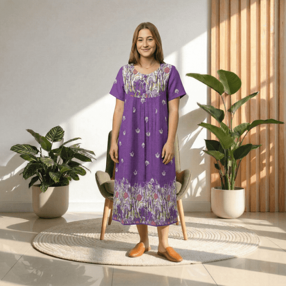 Loungees Women’s Cotton House Dress with Pockets, Short Sleeve Muumuu Caftan, Border Print Bib Yoke Lounge