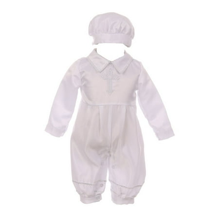 Baby Boys White Cross Embroidery Dull Satin Romper Hat Baptism