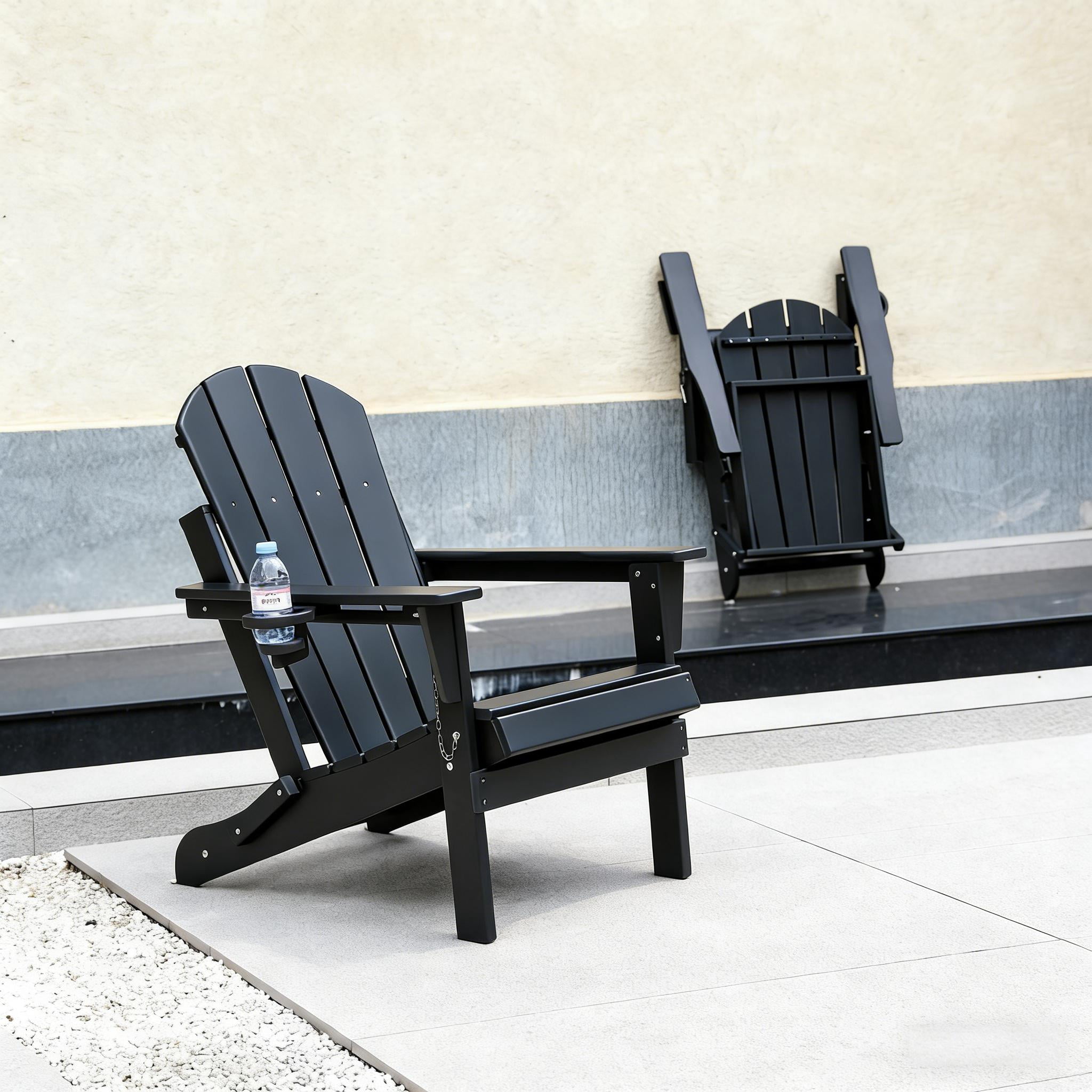 FHFO Folding Adirondack Chair,HDPE All-Weather Patio Chairs with Cup Holder for Outside, Deck, Lawn, Backyard, Garden, Black