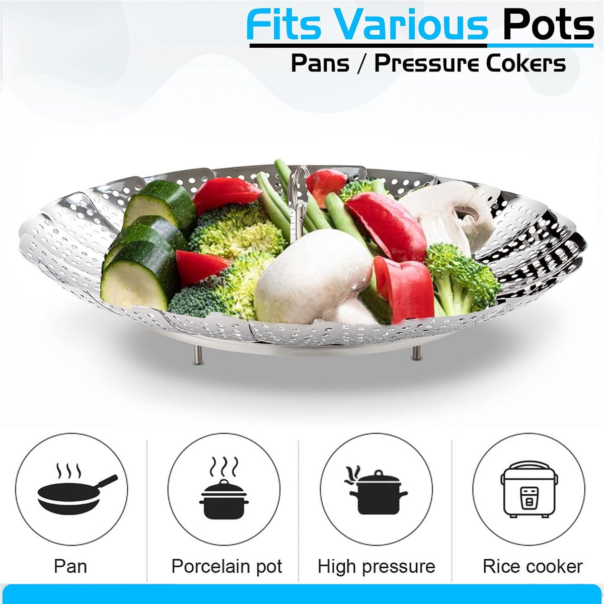 Sayfine Vegetable Steamer Basket, Premium Stainless Steel Veggie Steamer Basket for Cooking - Folding Expandable Steamers to Fits Various Size Pot (