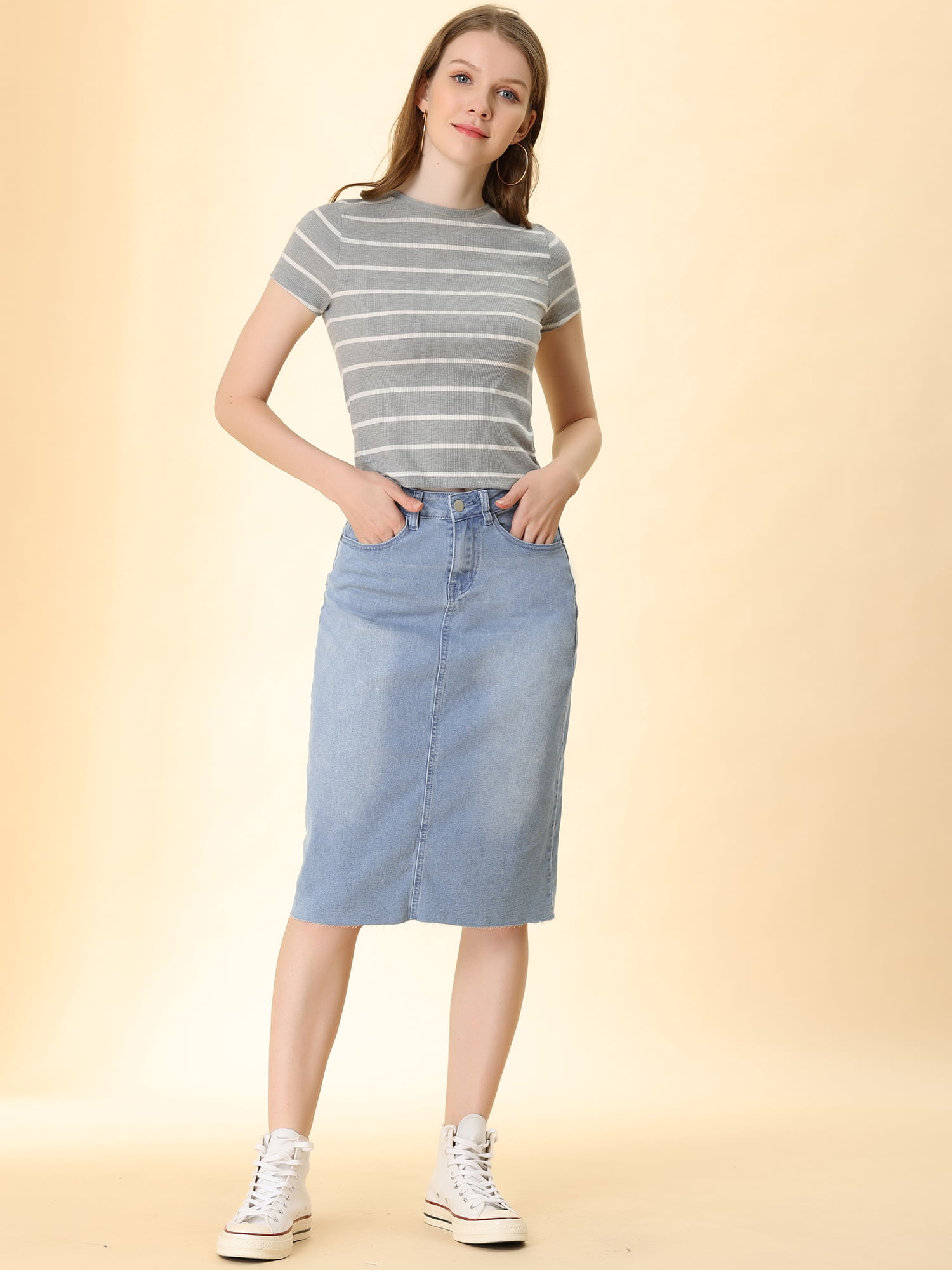 DARING DIVA Women's Jean Back Vent Midi Length Denim Skirts L Light Blue