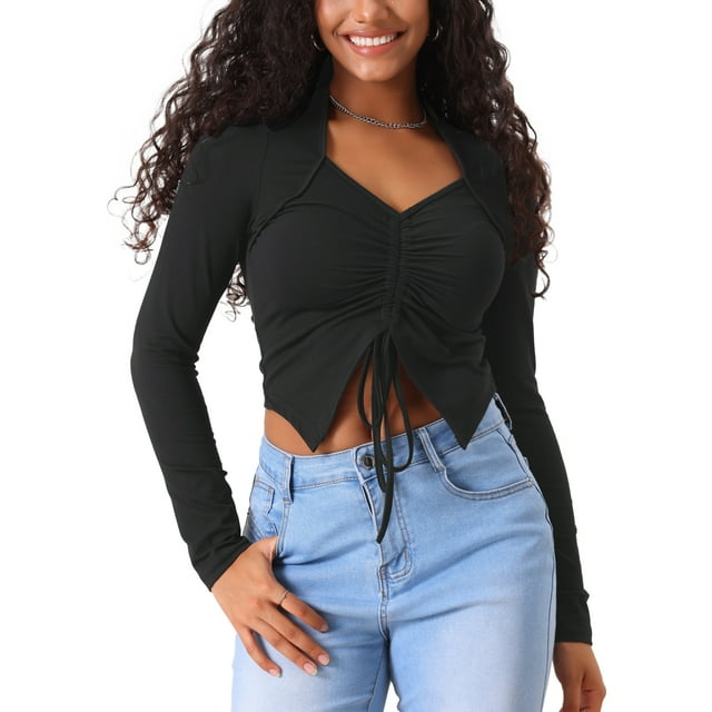 INSPIRAR CHIC Blusas Cortas de Cuello en V con Cordón y Fruncido para Mujeres Y2K L Negro