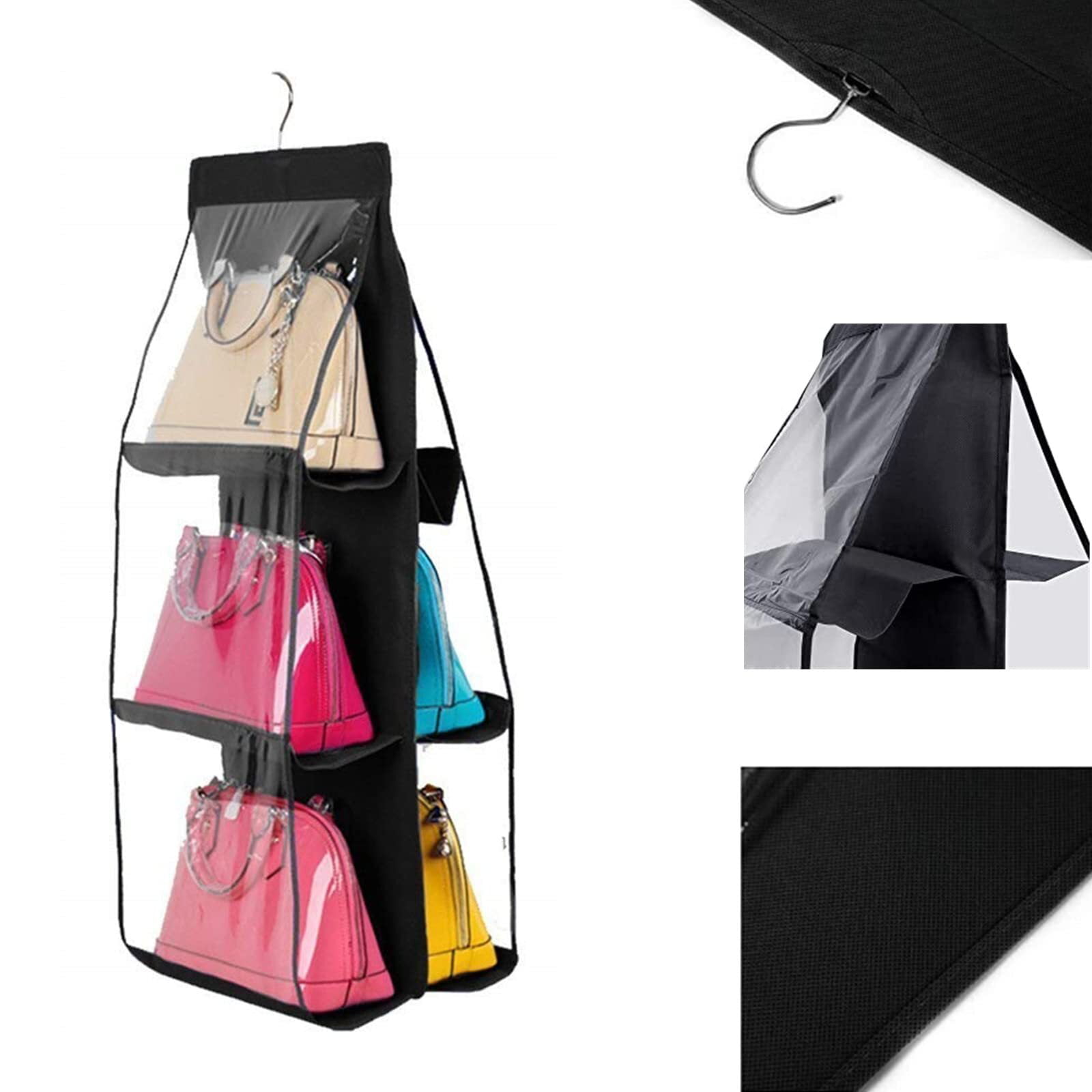 Pudcoco 6 Pockets Clear Hanging Purse Handbag Tote Bag Organizer Closet Rack Bag, Size: One size, Black