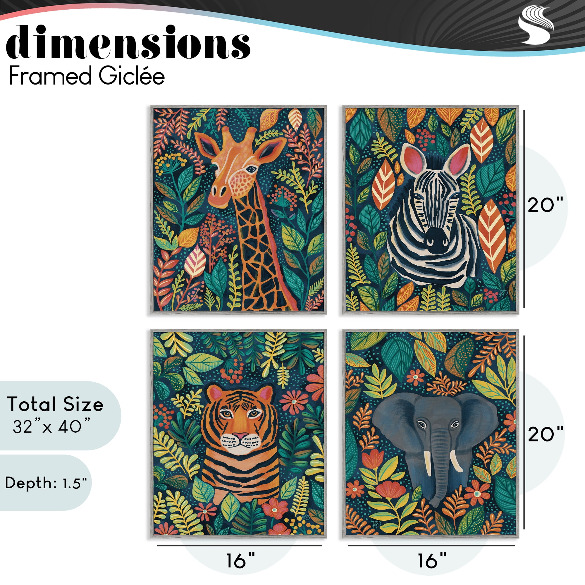 Stupell Industries Jungle Leaf Pattern Animals 4 Piece Gray Framed Giclee Art Set, design by Lisa R Dumm