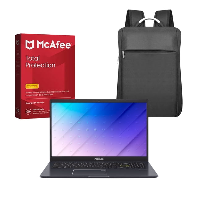 KIT LAPTOP ASUS E510MA-BR1532W, ANTIVIRUS MCAFEE TOTAL PROTECTION Y MOCHILA BROBOTIS LAPTOP