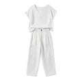 thumbnail image 6 of QSAWXQZ Women's 2 Piece Cotton Linen Outfit Set Short Sleeve Scoop Neck Pullover Top Wide Leg Pants with Pockets Summer Outerwear M, 6 of 9