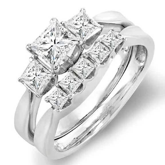 1.25 Carat (ctw) 14k White Gold Princess Diamond Ladies 3 Stone Bridal Engagement Ring Set 1 1/4 CT