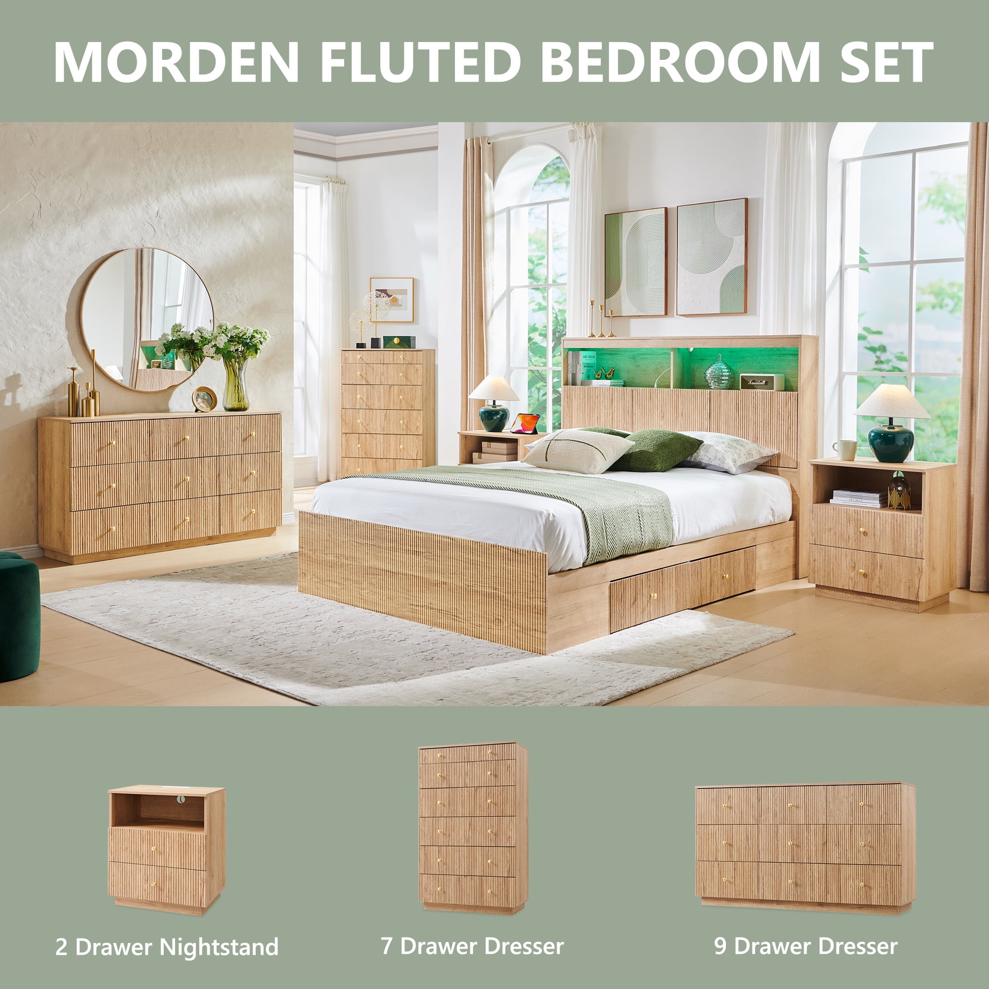 wow97e Fluted 7 Drawers Dresser for bedroom, Wood Chest of Drawers with Deep Storage, Tall Modern Bedroom Chest for Closet Hallway, Entryway, Living Room