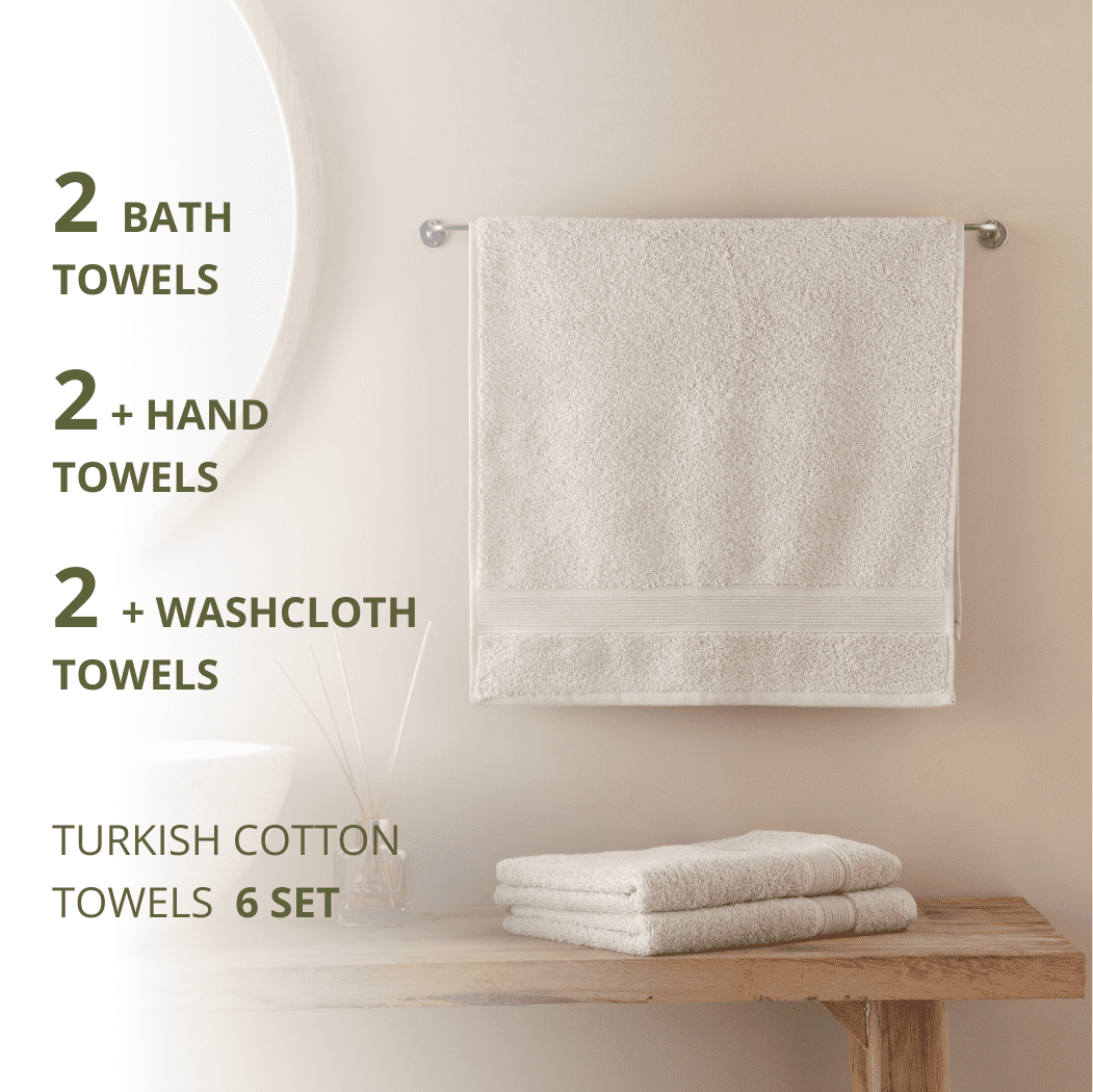 HOME ESSENTIALS 100% Cotton Luxury Turkish Wash Cloths and Bath Towels Set of 6, 600 GSM Lightweight Super Absorbent Travel Towels Pack, Quick Dry Towels for Spa, Hotel Bathroom Essentials, Beige