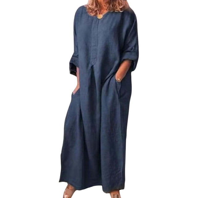 CHOK Robe d'Été en Coton et Lin pour Femmes Col Rond Coupe Ample Robe Chemise Unie Grande Taille Lin Décontracté Long Cover Ups