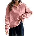 thumbnail image 2 of Sweatshirts for Women Plus Size Hooded Drawstring V-Neck Long Sleeved Casual Loose Solid Sweatshirts Pink XL, 2 of 6