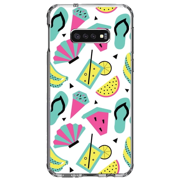 DistinctInk Clear Shockproof Hybrid Case for Samsung Galaxy S10e (5.8" Screen) - TPU Bumper, Acrylic Back, Tempered Glass Screen Protector - Summer Graphics - Flip Flops Watermelown Lemonade
