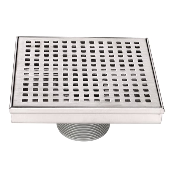 Stainless Steel 6 in. Square Shower Drain, Geometric Square Grate, 304 Stainless Steel, Debris Basket Included