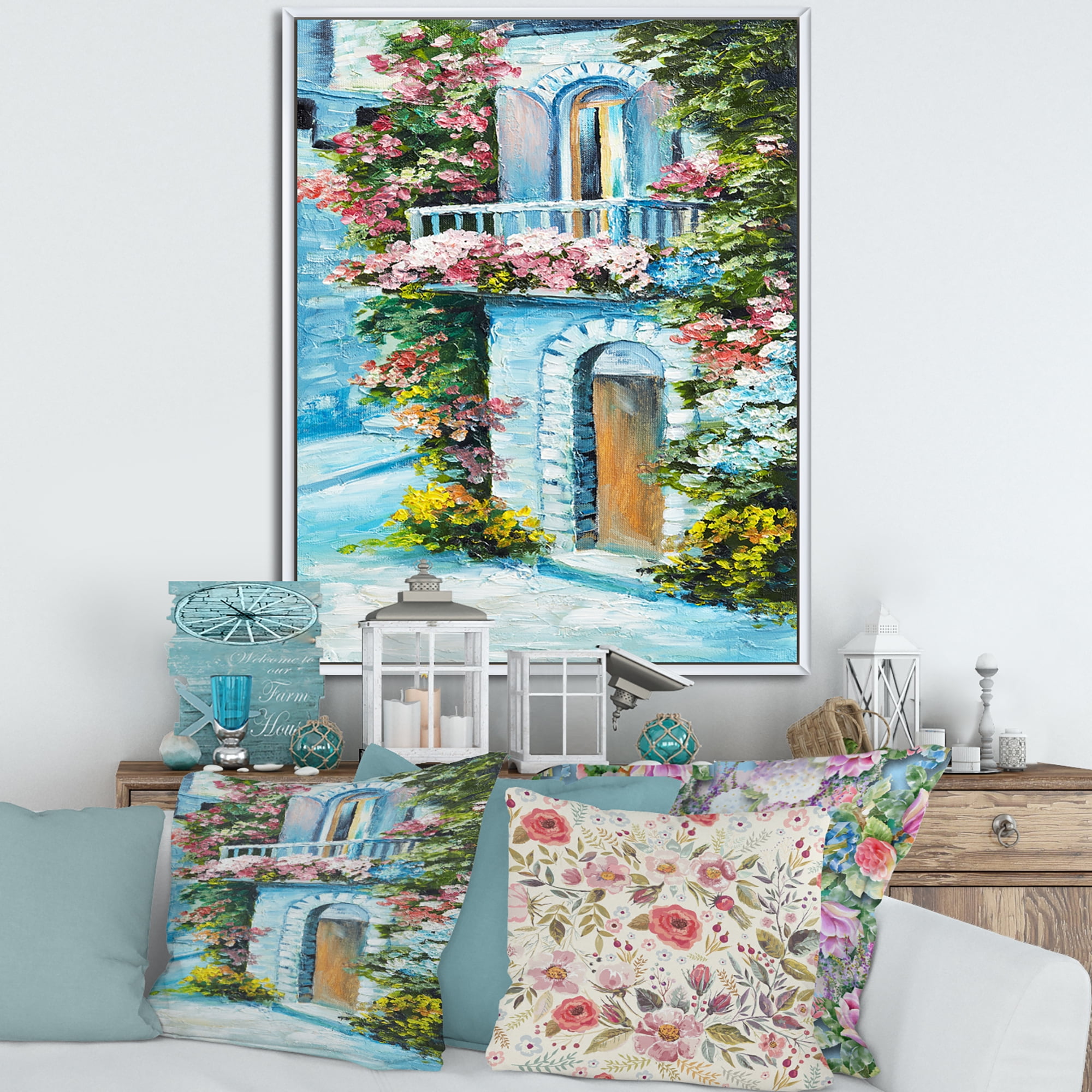 House With Colorful Flowers Near The Sea II 24 in x 32 in Framed Painting Canvas Art Print, by Designart