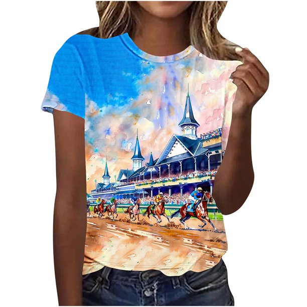 Tops de Ajuste Suelto para las Mujeres Nueva Manga Corta Cuello Redondo Suéter Caballo Casual Impreso Camiseta, Ligero Top de Verano