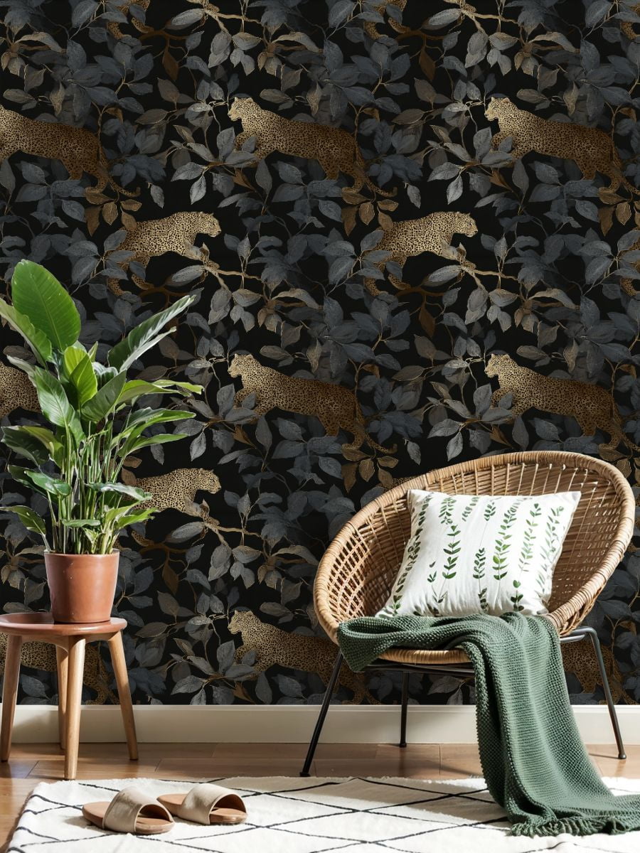 Peel and Stick Wallpaper Leopard Gold Leaves Dark Wall Mural 23.6in x 9.8ft Self Adhesive Removable Wall Paper Renter Friendly Wallpaper for Nursery Bedroom Cabinets