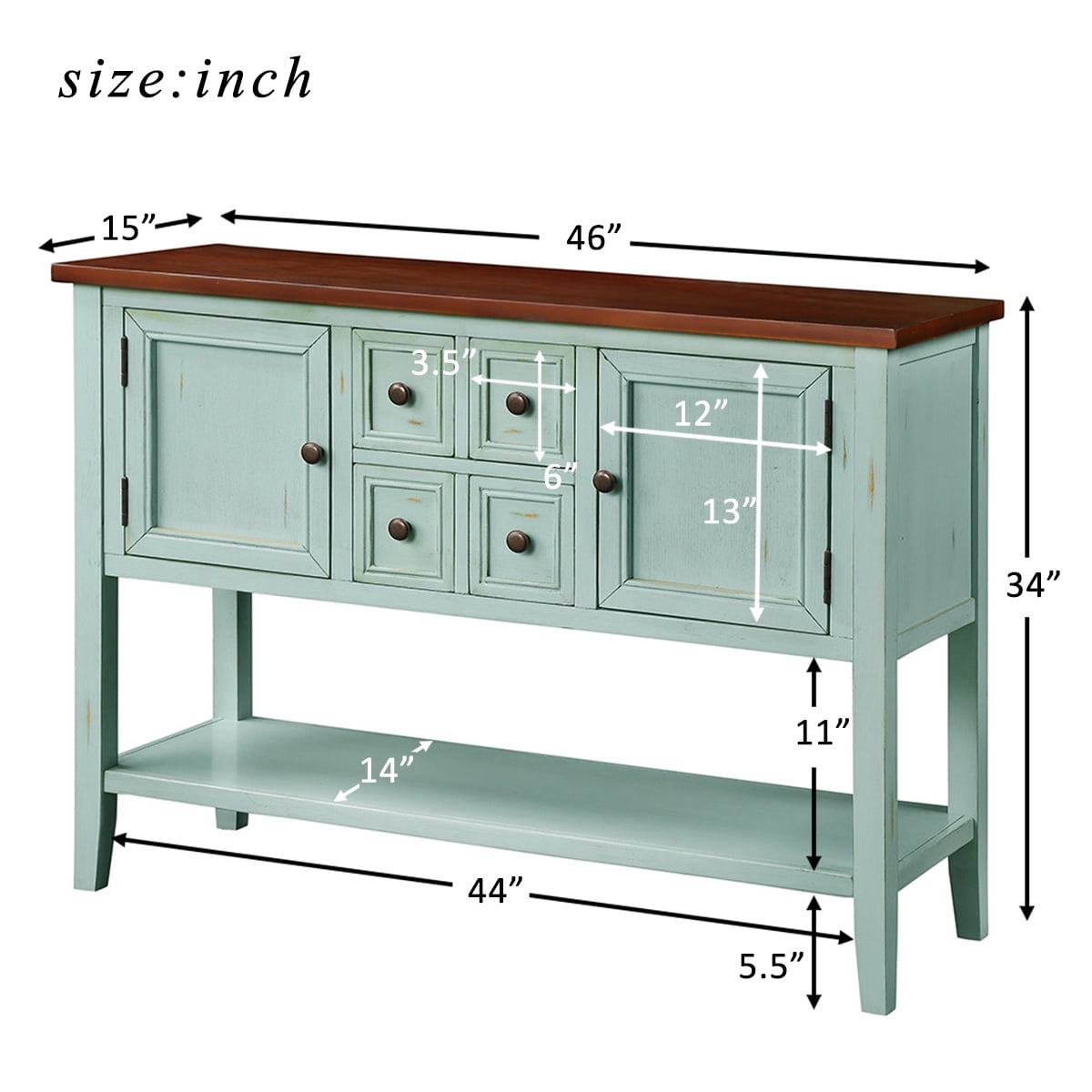 46" Console Table with Drawer for Entryway, Buffet Cabinet Sideboard with 2 Cabinets and Bottom Shelf, Wood Console Table Storage Cabinet for Dining Room Home Furniture, Retro Blue
