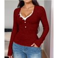 thumbnail image 4 of Women Lace Henley T Shirts Button Down Slim Fit Tops Long Sleeve V-Neck Tunic Top Blouse Wine Red L, 4 of 8