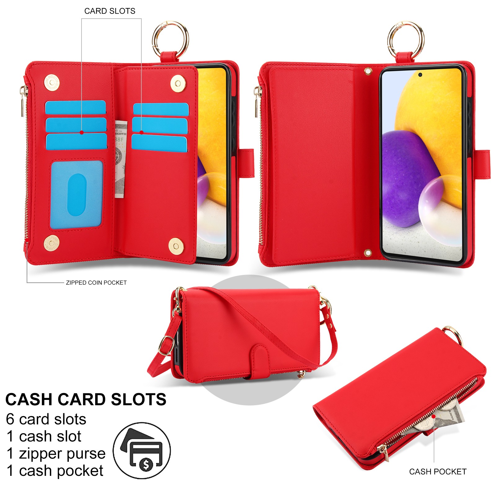 ELEHOLD For Samsung Galaxy A53 5G Phone Case Leather Crossbody Zipper Card Wallet Flip Case Kickstand Cover, with Ring Holder,Full Body Protection-Red