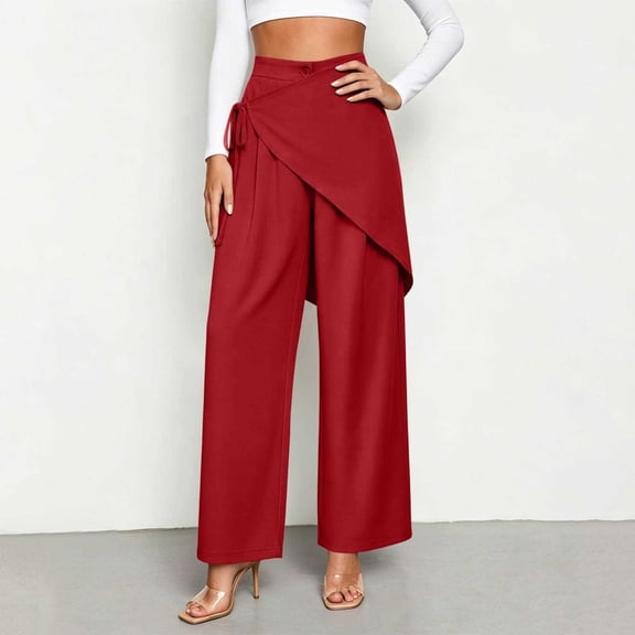 Women's Wrap Tie Wide Leg Skirt Pants Button High Waist Soft Wrinkle Resistant Cropped Culotte Fit Red XL