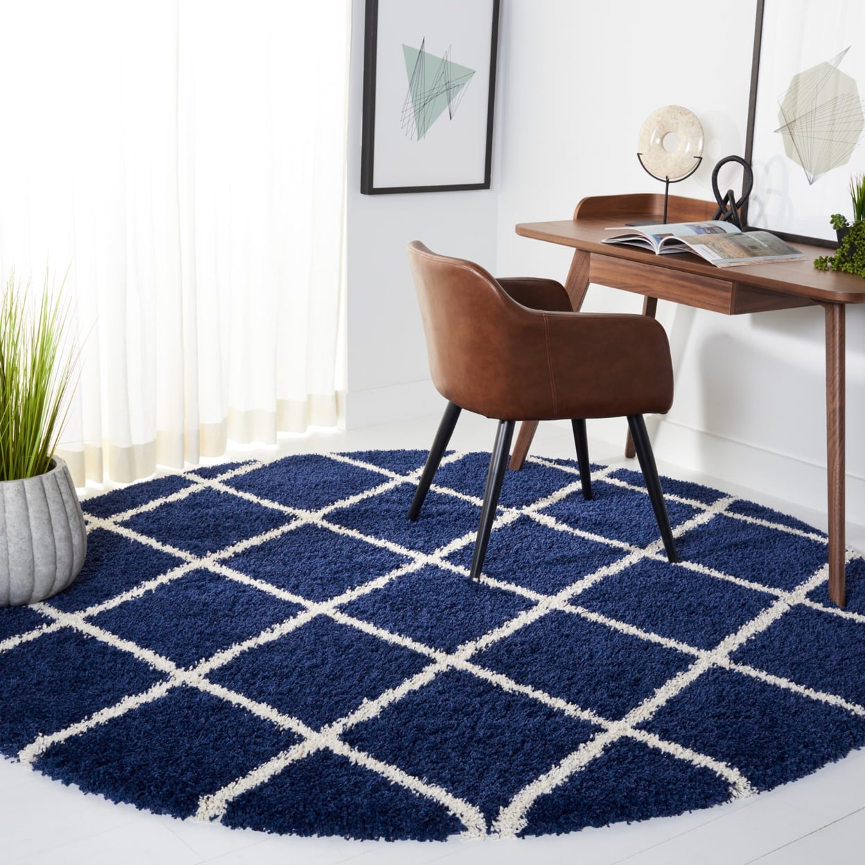 SAFAVIEH Hudson Jackson Trellis Shag Area Rug, Navy/Ivory, 8' x 10'