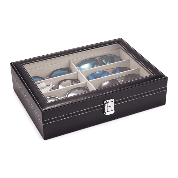 Leather Multi Sunglasses Organizer, Eyeglasses Display Case with 8 Slots, Sunglass Glasses Storage Holder Box for Women Men - Black