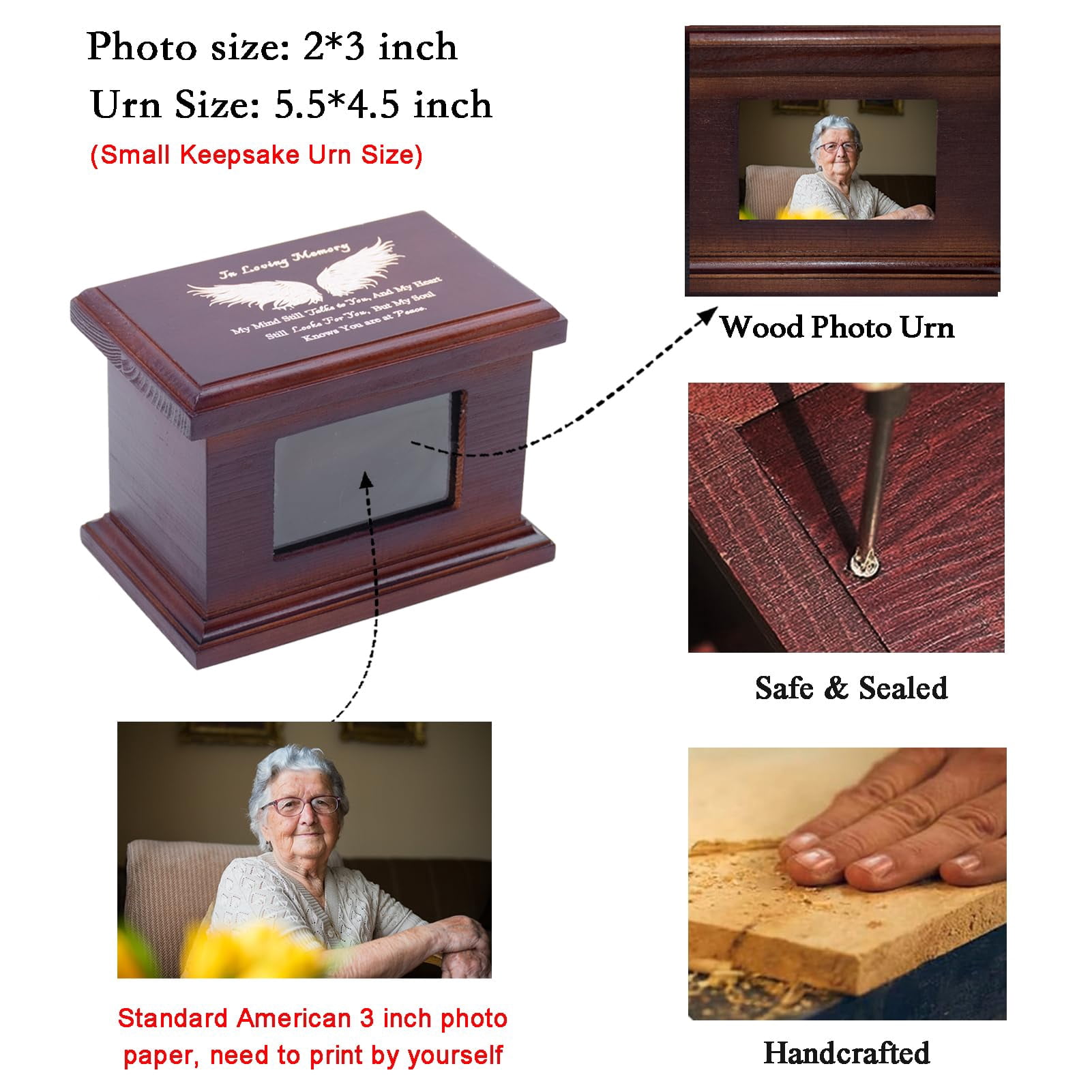 6 Inches Small Wood Urns for Ashes, Funeral Memorial Urns with Photo Frame, Small Urns Keepsake Wooden Urns Box and Casket, Picture Frame Keepsakes Urns for Human/Pet Ashes-Wing