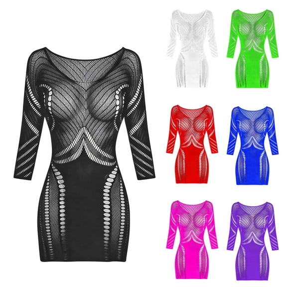 Helii Womens Sheer Fishnet Dress Mesh Exotic Mini Dress Striped Hollow Out Bodycon Mini Dress Three Quarter Sleeve Clubwear Party Dress Short Stretchy See Through Dress 6 Color Pack