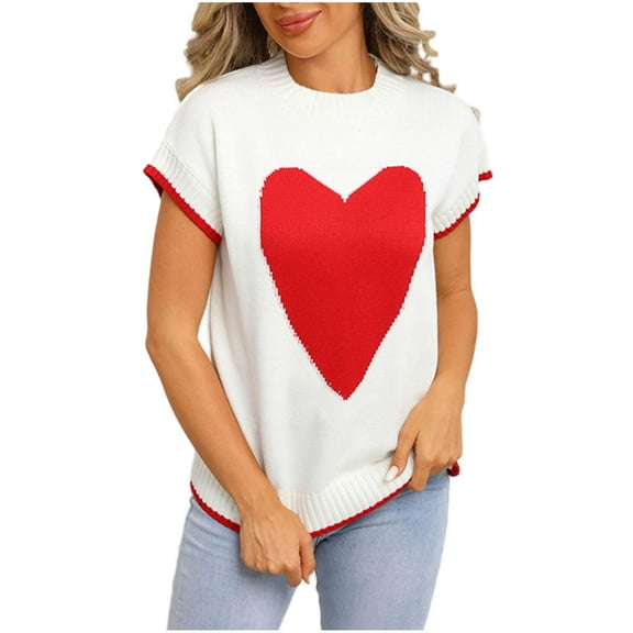 Women's Short Sleeve Sweater Crew Neck Heart Print Pullover Top Lightweight Loose Knit Blouse White M