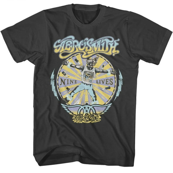 Aerosmith Nine Lives Wheel Men's T Shirt (Charcoal, AdultL)