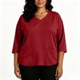 thumbnail image 7 of thefmos Women's V Neck 3/4 Sleeve Pullover Blouse with Pocket Plus Size Solid Color Casual Top Trendy Fall Spring Outfit, Red 5XL, 7 of 7