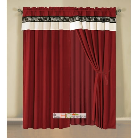 4 Pc Embroidery Triangle Meander Greek Key Curtain Set Burgundy